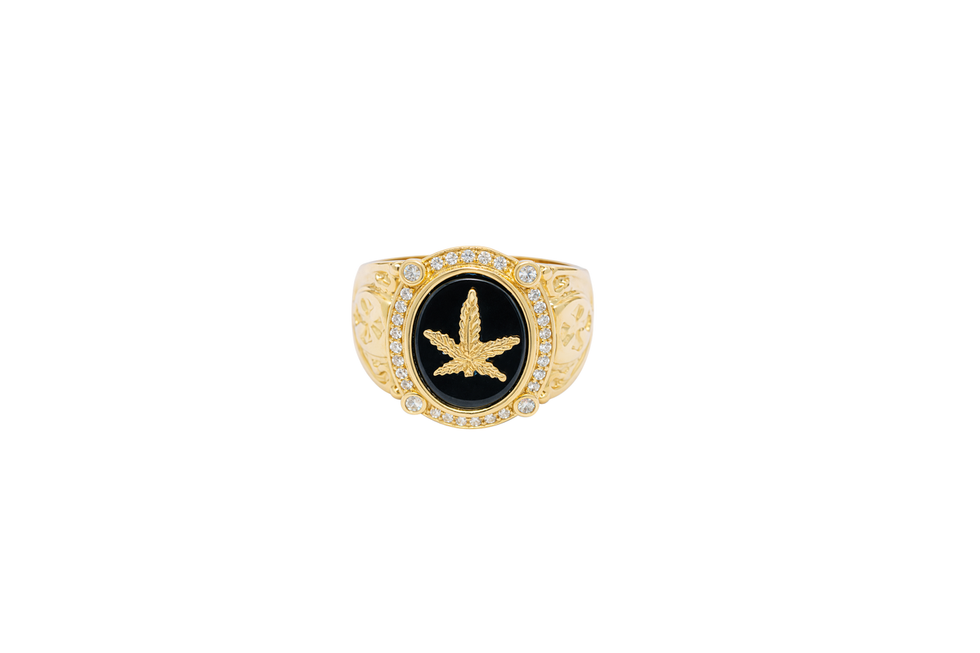 14KT Gold Ring Men's Oval Marijuana Leaf/Onyx with White CZ Stones Side Design Cross on Shield