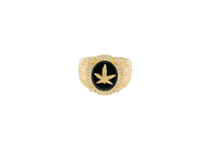 14KT Gold Ring Men's Oval Marijuana Leaf/Onyx with White CZ Stones Side Design Cross on Shield