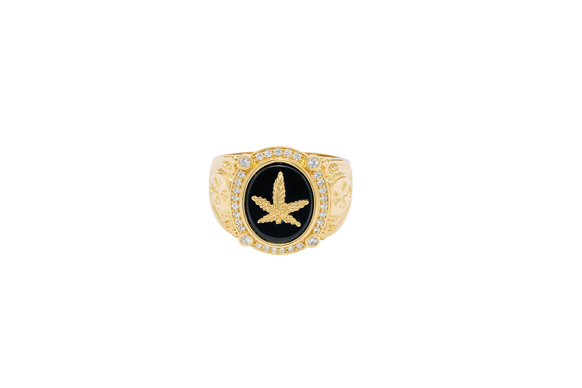 14KT Gold Ring Men's Oval Marijuana Leaf/Onyx with White CZ Stones Side Design Cross on Shield
