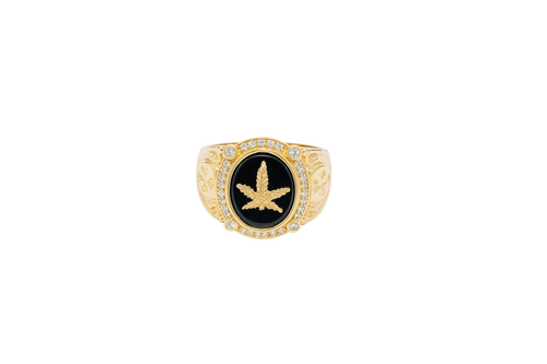14KT Gold Ring Men's Oval Marijuana Leaf/Onyx with White CZ Stones Side Design Cross on Shield