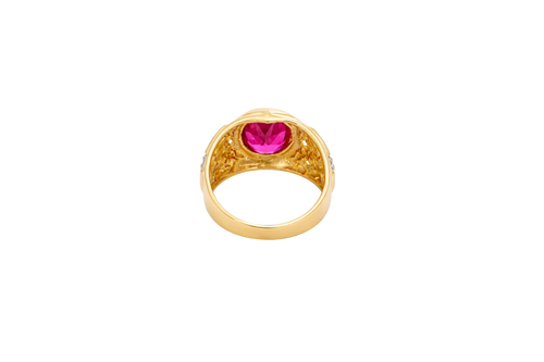 14KT Gold Ring Men's Oval Red Round CZ Center Stone Plain Border Side Design White CZ Stones "X" Pattern