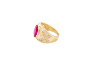 14KT Gold Ring Men's Oval Red Round CZ Center Stone Plain Border Side Design White CZ Stones "X" Pattern