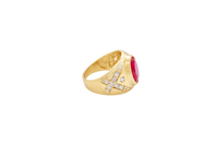 14KT Gold Ring Men's Oval Red Round CZ Center Stone Plain Border Side Design White CZ Stones "X" Pattern