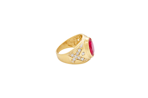 14KT Gold Ring Men's Oval Red Round CZ Center Stone Plain Border Side Design White CZ Stones "X" Pattern