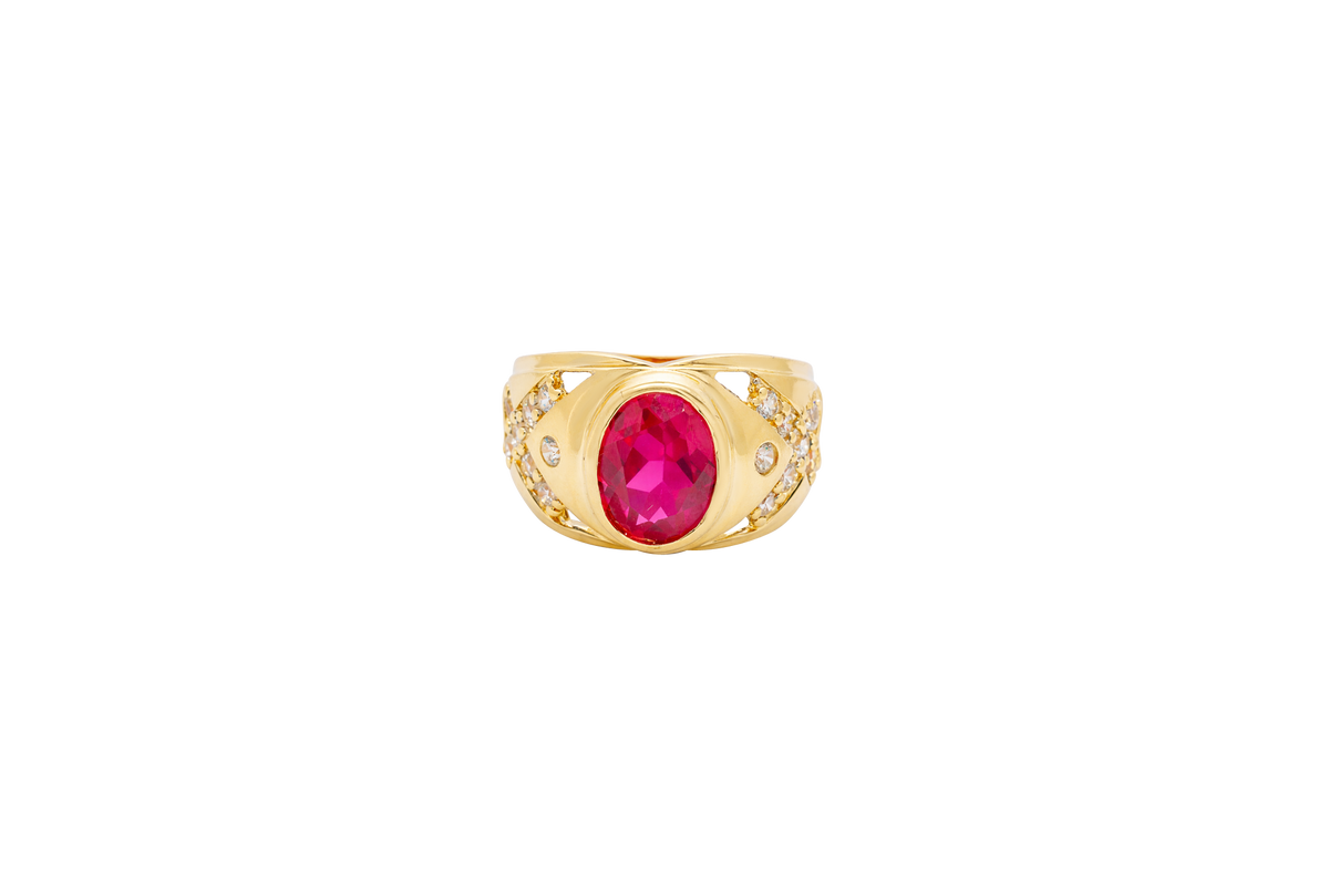 14KT Gold Ring Men's Oval Red Round CZ Center Stone Plain Border Side Design White CZ Stones "X" Pattern