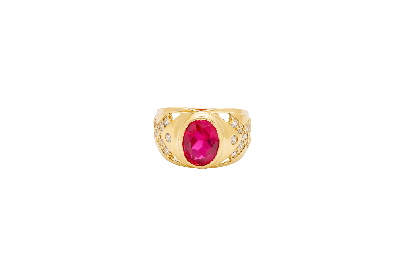 14KT Gold Ring Men's Oval Red Round CZ Center Stone Plain Border Side Design White CZ Stones "X" Pattern