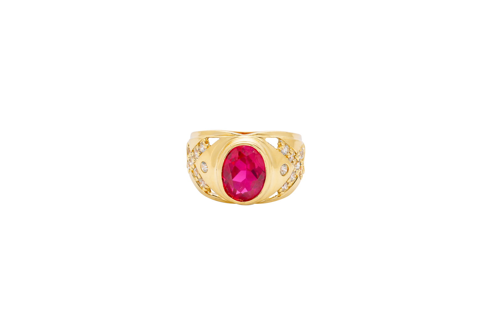 14KT Gold Ring Men's Oval Red Round CZ Center Stone Plain Border Side Design White CZ Stones "X" Pattern