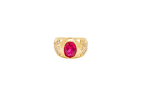 14KT Gold Ring Men's Oval Red Round CZ Center Stone Plain Border Side Design White CZ Stones "X" Pattern