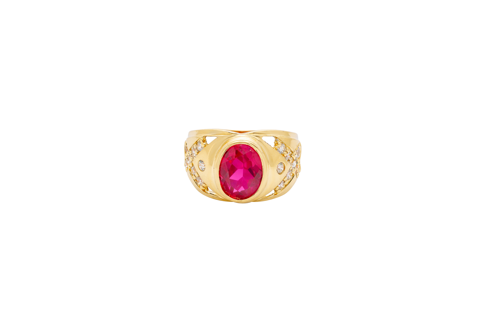 14KT Gold Ring Men's Oval Red Round CZ Center Stone Plain Border Side Design White CZ Stones "X" Pattern