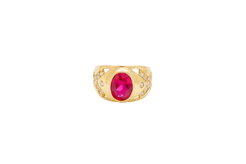 14KT Gold Ring Men's Oval Red Round CZ Center Stone Plain Border Side Design White CZ Stones "X" Pattern