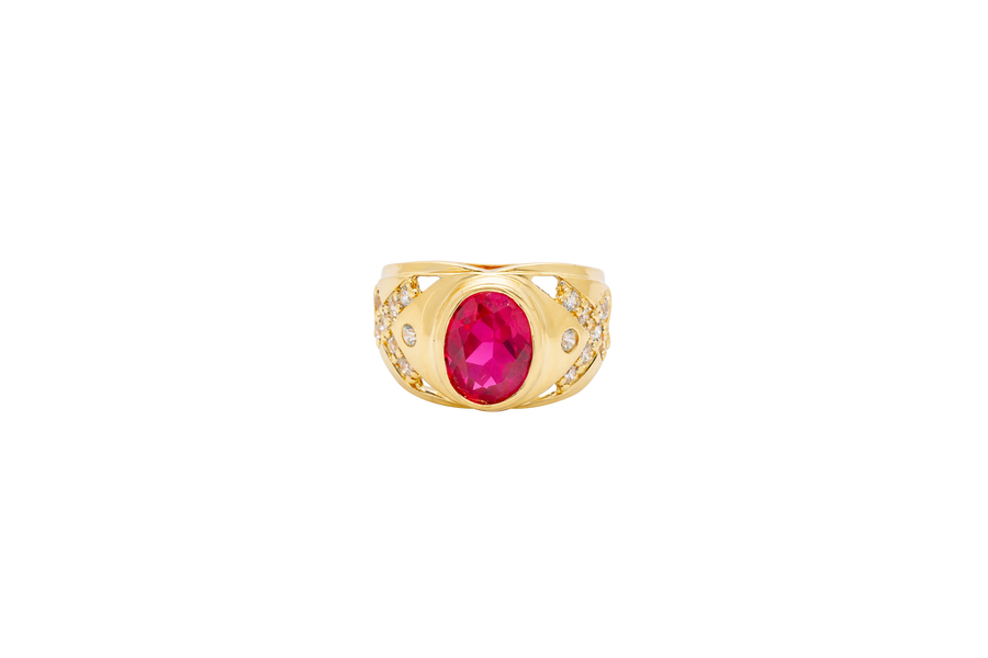 14KT Gold Ring Men's Oval Red Round CZ Center Stone Plain Border Side Design White CZ Stones "X" Pattern
