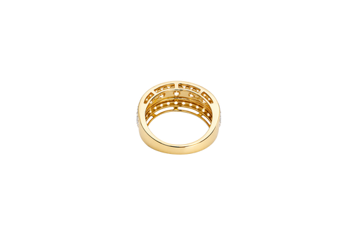14KT Gold Ring Men's Nine Round White CZ Stones in Square Frame Center of Band White CZ Round Stones Upper and Lower Band with Single Row Border Side Design Four Rectangle Cutouts