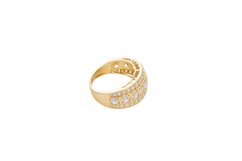 14KT Gold Ring Men's Nine Round White CZ Stones in Square Frame Center of Band White CZ Round Stones Upper and Lower Band with Single Row Border Side Design Four Rectangle Cutouts