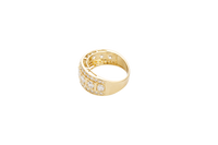 14KT Gold Ring Men's Nine Round White CZ Stones in Square Frame Center of Band White CZ Round Stones Upper and Lower Band with Single Row Border Side Design Four Rectangle Cutouts