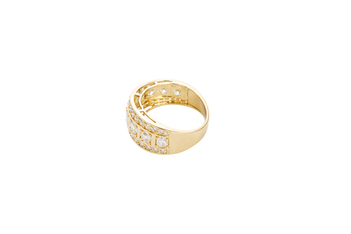 14KT Gold Ring Men's Nine Round White CZ Stones in Square Frame Center of Band White CZ Round Stones Upper and Lower Band with Single Row Border Side Design Four Rectangle Cutouts