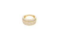 14KT Gold Ring Men's Nine Round White CZ Stones in Square Frame Center of Band White CZ Round Stones Upper and Lower Band with Single Row Border Side Design Four Rectangle Cutouts