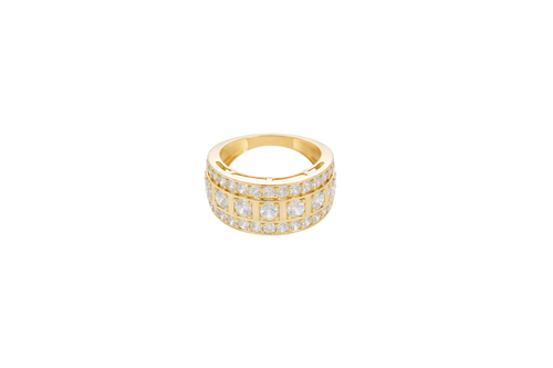 14KT Gold Ring Men's Nine Round White CZ Stones in Square Frame Center of Band White CZ Round Stones Upper and Lower Band with Single Row Border Side Design Four Rectangle Cutouts