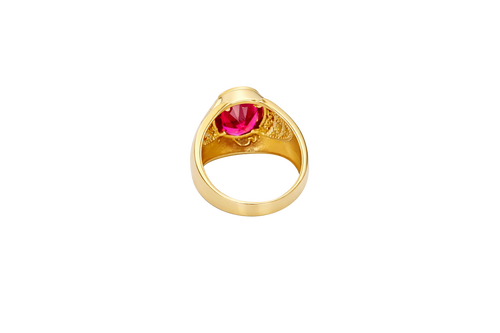 14KT Gold Ring Men's Oval Red Round CZ Stone Plain Border Side Design Brick Pattern