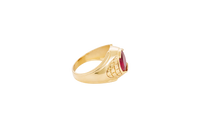 14KT Gold Ring Men's Oval Red Round CZ Stone Plain Border Side Design Brick Pattern