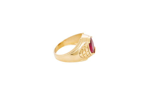 14KT Gold Ring Men's Oval Red Round CZ Stone Plain Border Side Design Brick Pattern
