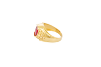 14KT Gold Ring Men's Oval Red Round CZ Stone Plain Border Side Design Brick Pattern
