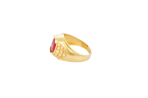 14KT Gold Ring Men's Oval Red Round CZ Stone Plain Border Side Design Brick Pattern