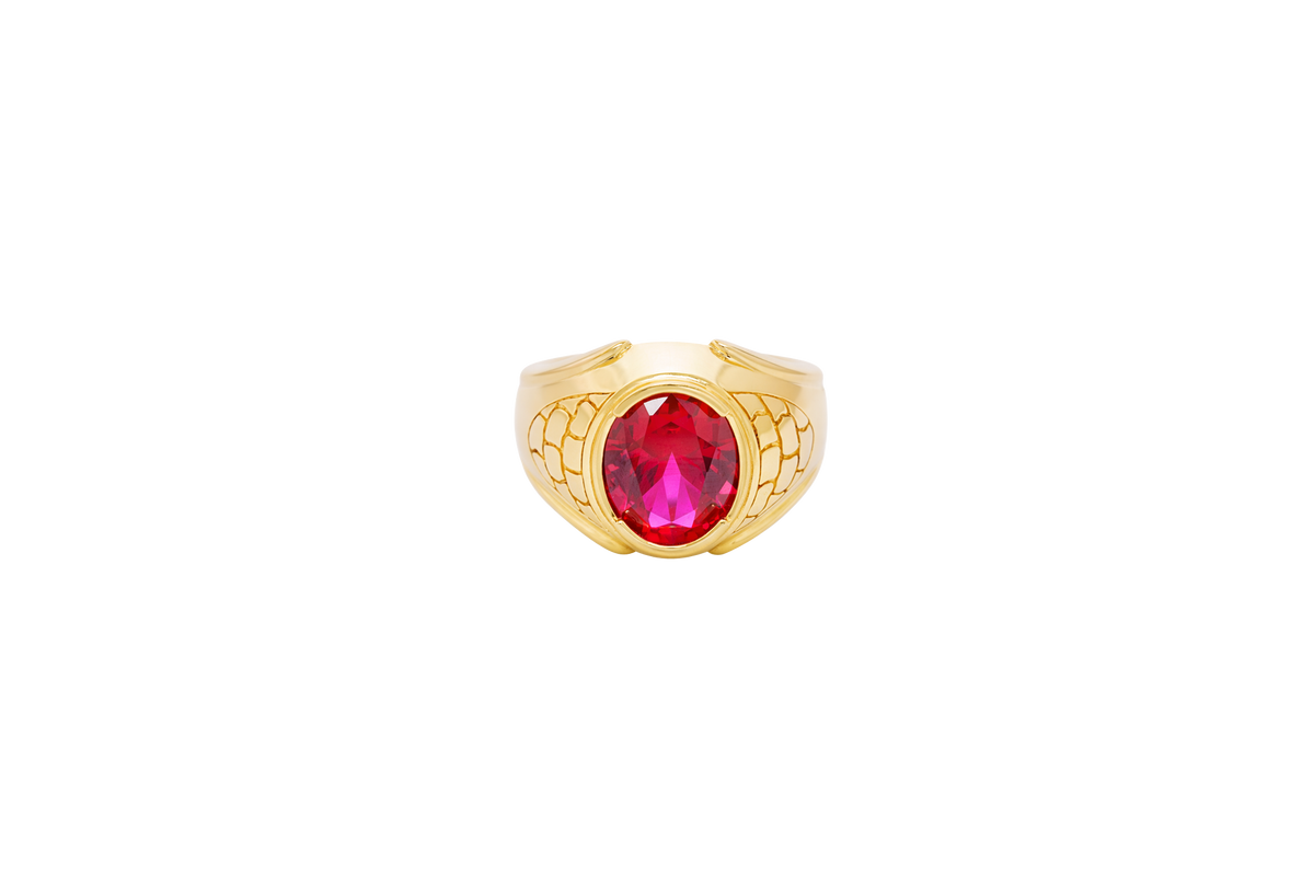 14KT Gold Ring Men's Oval Red Round CZ Stone Plain Border Side Design Brick Pattern