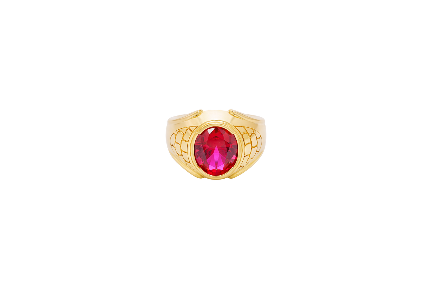 14KT Gold Ring Men's Oval Red Round CZ Stone Plain Border Side Design Brick Pattern