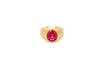 14KT Gold Ring Men's Oval Red Round CZ Stone Plain Border Side Design Brick Pattern