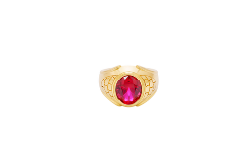 14KT Gold Ring Men's Oval Red Round CZ Stone Plain Border Side Design Brick Pattern