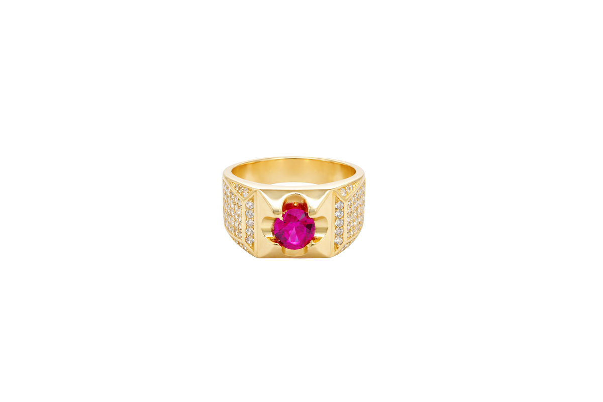 14KT Gold Ring Men's Clove Prong Red Round CZ Center Stone Plain Square Border Side Design White CZ Stones Single Row Frame with 5 x 6 Round White CZ Stones