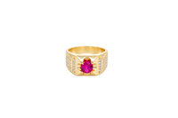 14KT Gold Ring Men's Clove Prong Red Round CZ Center Stone Plain Square Border Side Design White CZ Stones Single Row Frame with 5 x 6 Round White CZ Stones