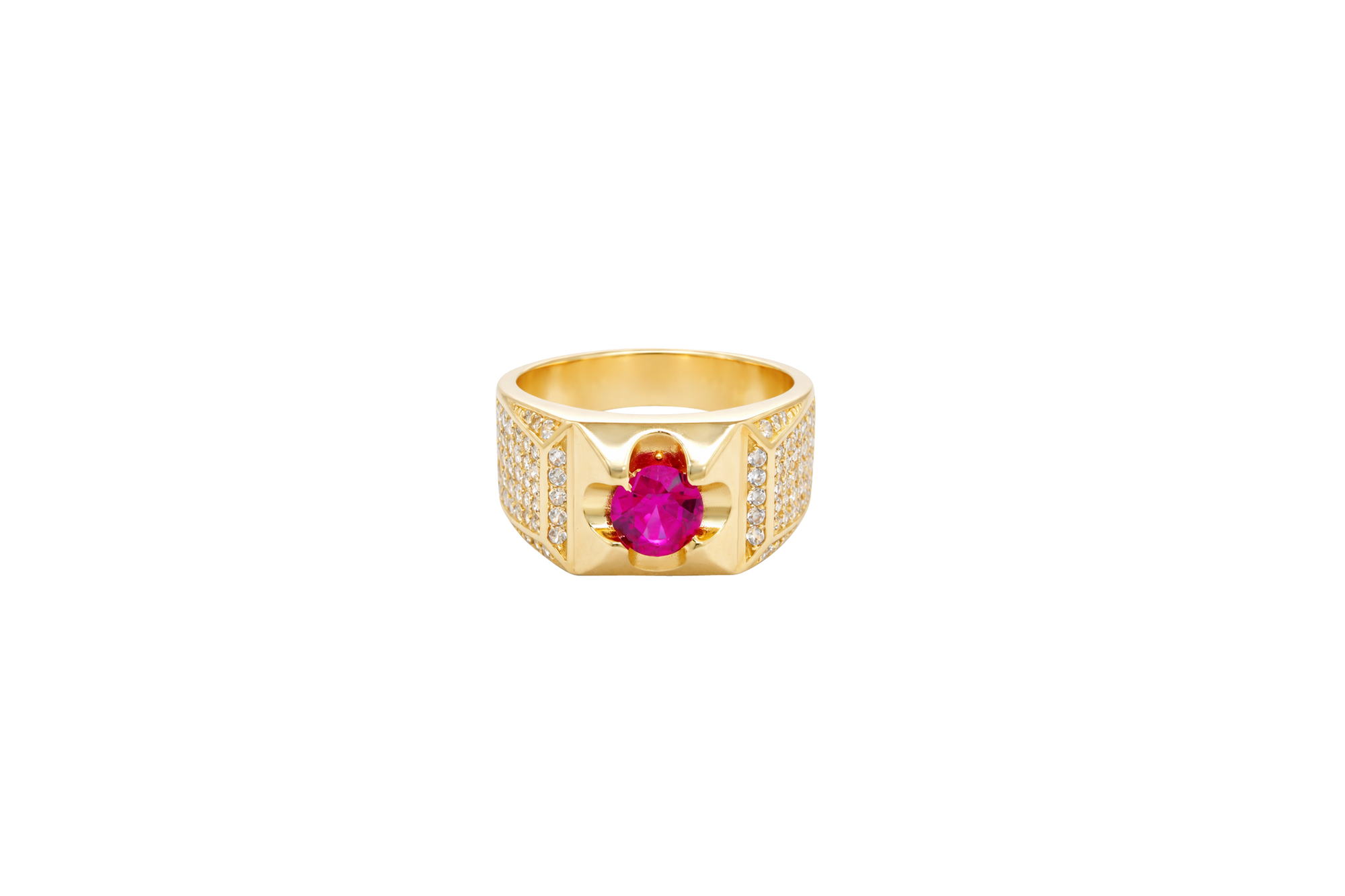 14KT Gold Ring Men's Clove Prong Red Round CZ Center Stone Plain Square Border Side Design White CZ Stones Single Row Frame with 5 x 6 Round White CZ Stones