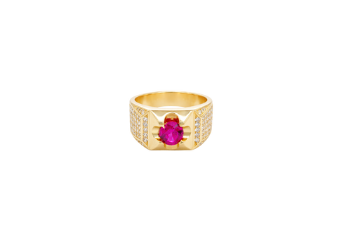 14KT Gold Ring Men's Clove Prong Red Round CZ Center Stone Plain Square Border Side Design White CZ Stones Single Row Frame with 5 x 6 Round White CZ Stones