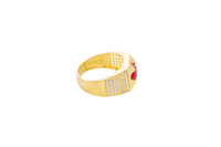 14KT Gold Ring Men's Clove Prong Red Round CZ Center Stone Plain Square Border Side Design White CZ Stones Single Row Frame with 5 x 6 Round White CZ Stones