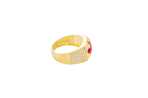 14KT Gold Ring Men's Clove Prong Red Round CZ Center Stone Plain Square Border Side Design White CZ Stones Single Row Frame with 5 x 6 Round White CZ Stones