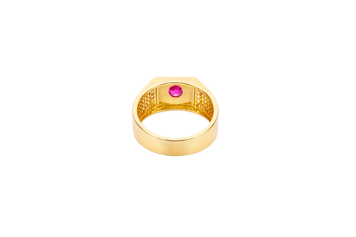 14KT Gold Ring Men's Clove Prong Red Round CZ Center Stone Plain Square Border Side Design White CZ Stones Single Row Frame with 5 x 6 Round White CZ Stones