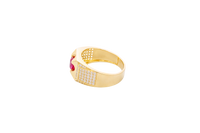 14KT Gold Ring Men's Clove Prong Red Round CZ Center Stone Plain Square Border Side Design White CZ Stones Single Row Frame with 5 x 6 Round White CZ Stones