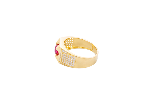 14KT Gold Ring Men's Clove Prong Red Round CZ Center Stone Plain Square Border Side Design White CZ Stones Single Row Frame with 5 x 6 Round White CZ Stones