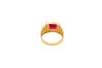 14KT Gold Ring Men's Red Square CZ Stone Nugget Border Side Design Nugget