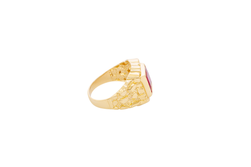 14KT Gold Ring Men's Red Square CZ Stone Nugget Border Side Design Nugget