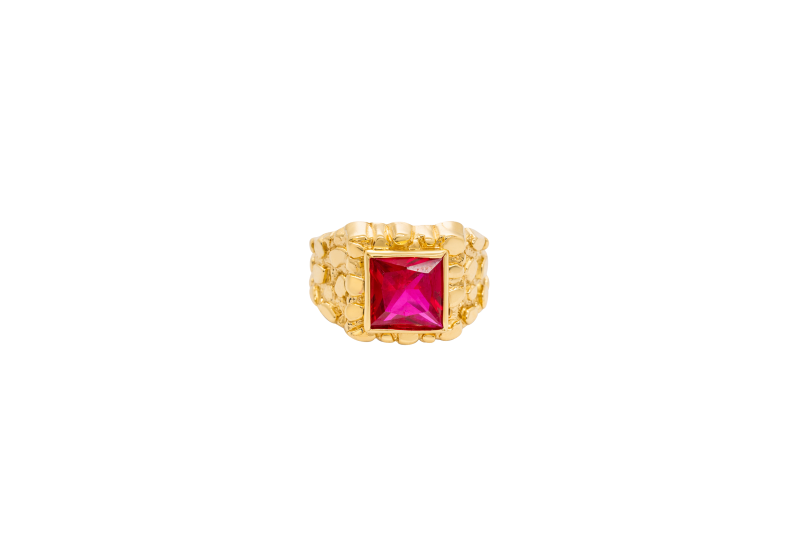 14KT Gold Ring Men's Red Square CZ Stone Nugget Border Side Design Nugget