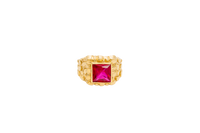 14KT Gold Ring Men's Red Square CZ Stone Nugget Border Side Design Nugget