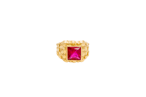 14KT Gold Ring Men's Red Square CZ Stone Nugget Border Side Design Nugget