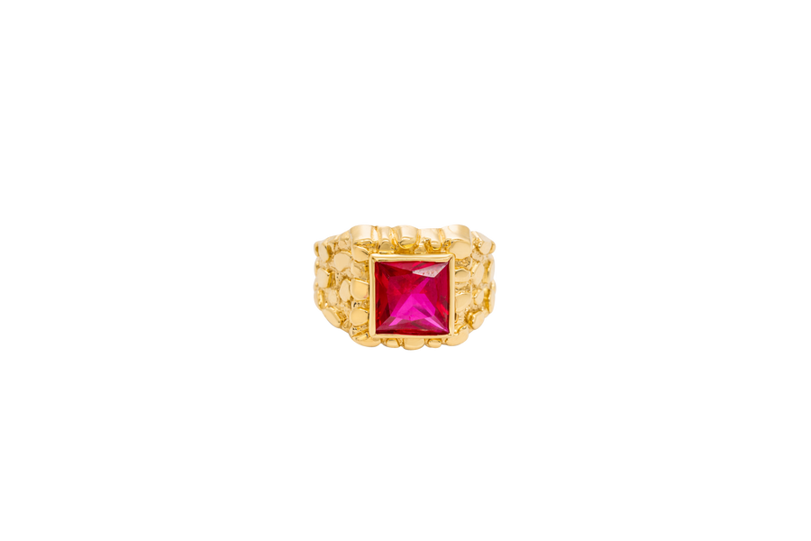 14KT Gold Ring Men's Red Square CZ Stone Nugget Border Side Design Nugget