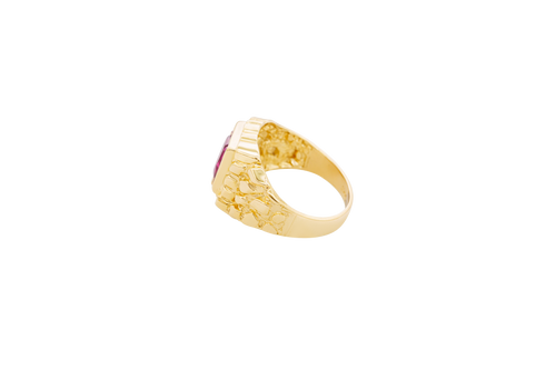 14KT Gold Ring Men's Red Square CZ Stone Nugget Border Side Design Nugget