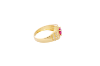 14KT Gold Ring Men's Octagon Red Round CZ Center Stone White CZ Stone Border Side Design Two Single Rows of Six White CZ Stones