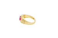 14KT Gold Ring Men's Octagon Red Round CZ Center Stone White CZ Stone Border Side Design Two Single Rows of Six White CZ Stones