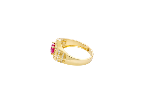 14KT Gold Ring Men's Octagon Red Round CZ Center Stone White CZ Stone Border Side Design Two Single Rows of Six White CZ Stones