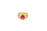 14KT Gold Ring Men's Octagon Red Round CZ Center Stone White CZ Stone Border Side Design Two Single Rows of Six White CZ Stones